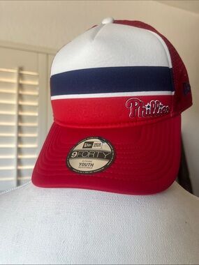 New Era Red White Navy Phillies Trucker Hat | Youth